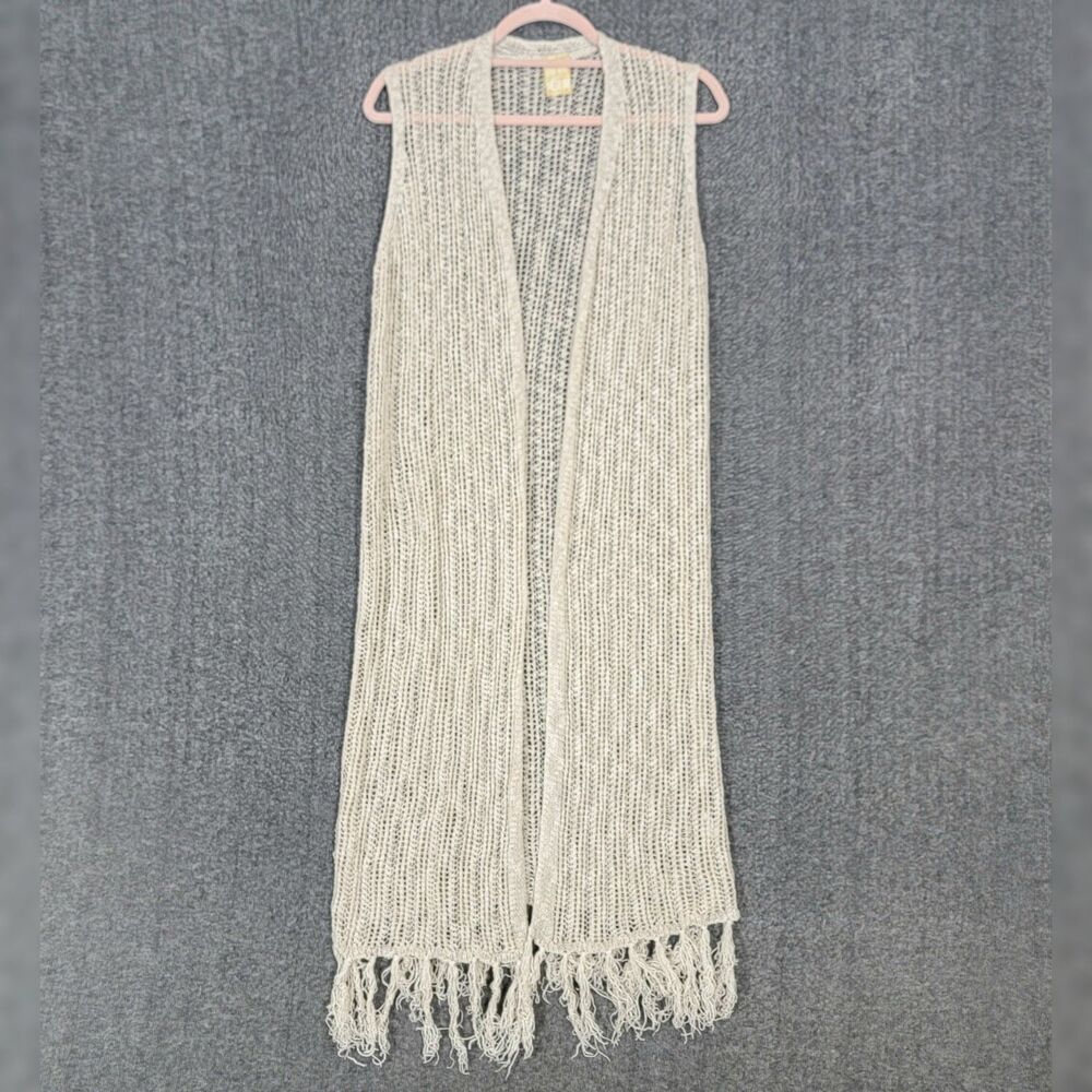 Scrap Work Boutique Duster Womens M Beige Open Front Fringed Midi Boho Vest